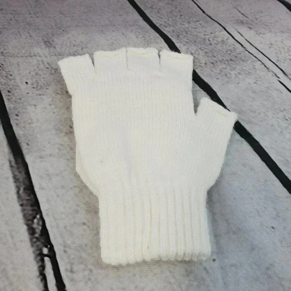Girls White/Cream Sparkly Snowflake Knit Hat Beanie with Fingerless Glove set